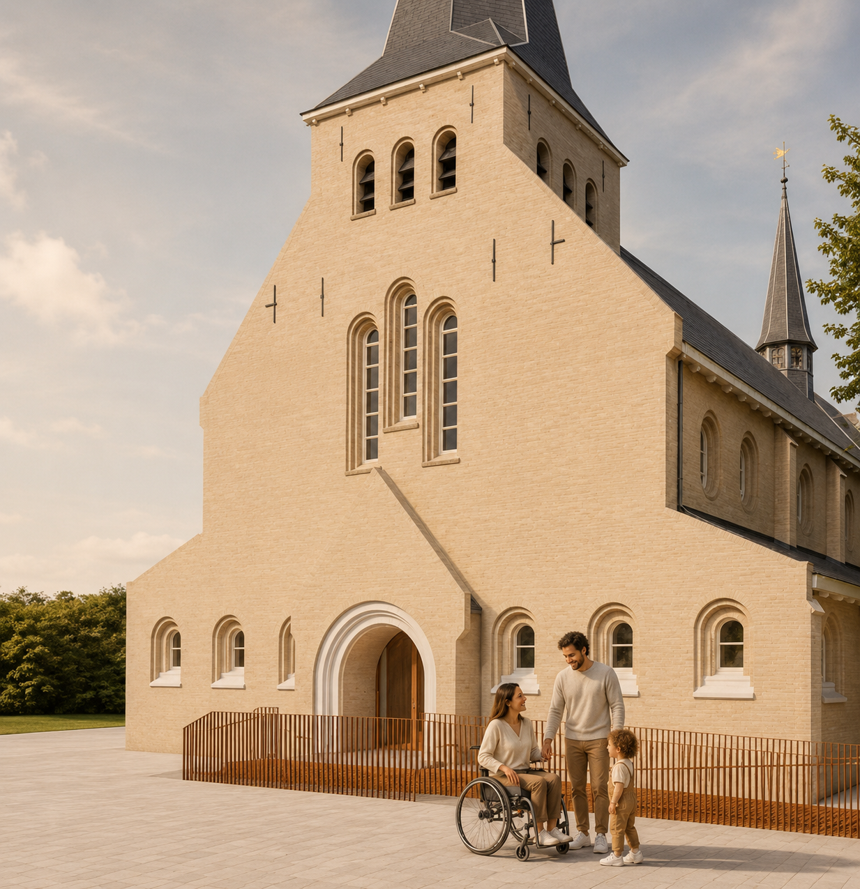 Gezin met rolstoelgebruiker bij de inkom met hellingbaan van de kerk