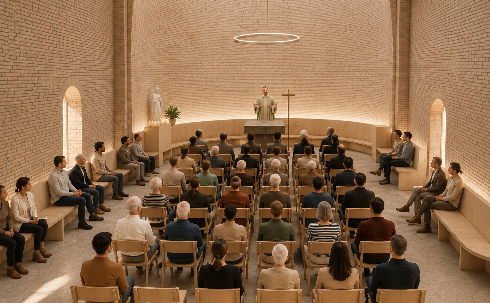 De liturgische ruimte met altaar, kruis en samenkomst