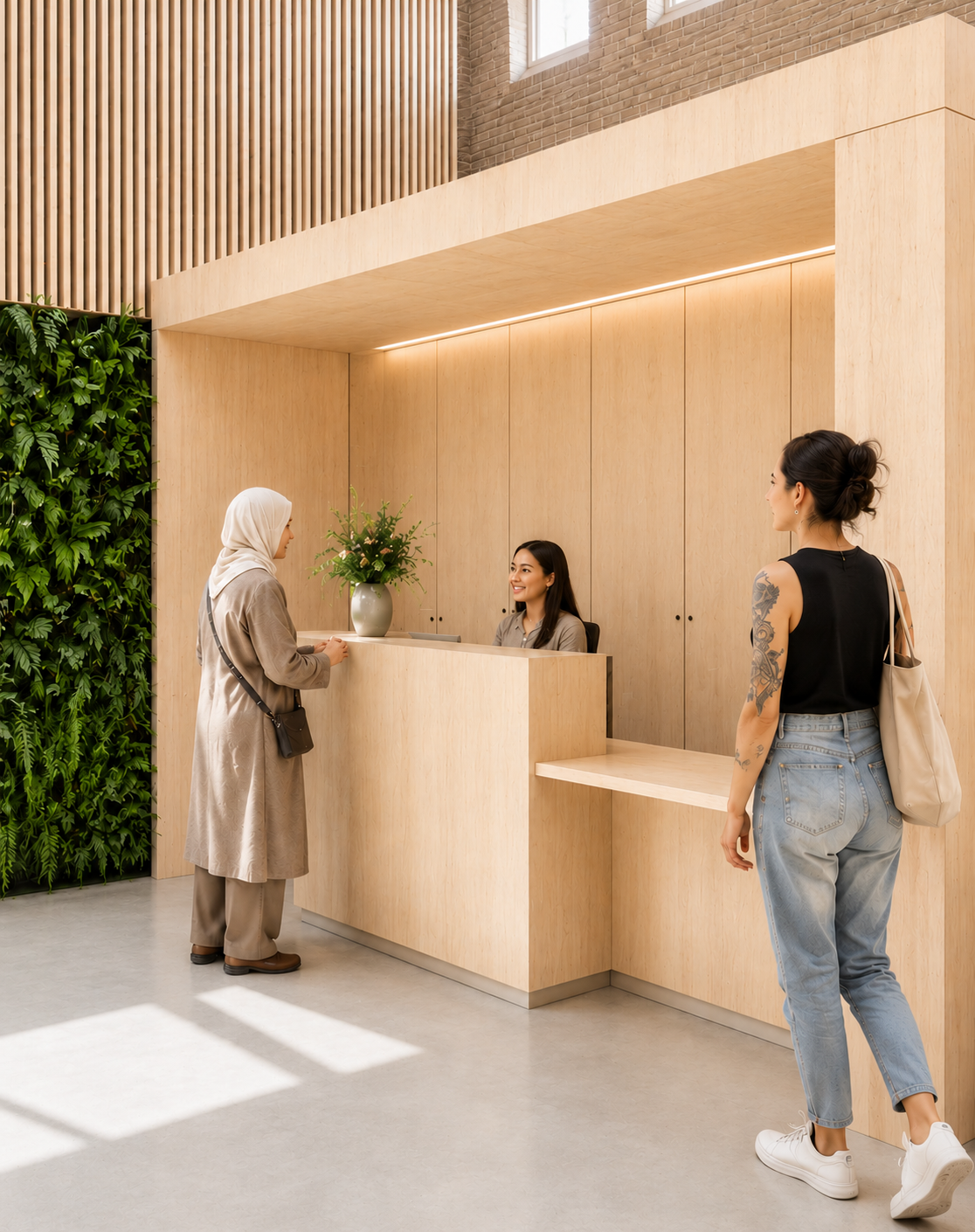 Onthaalbalie met receptioniste en bezoekers
