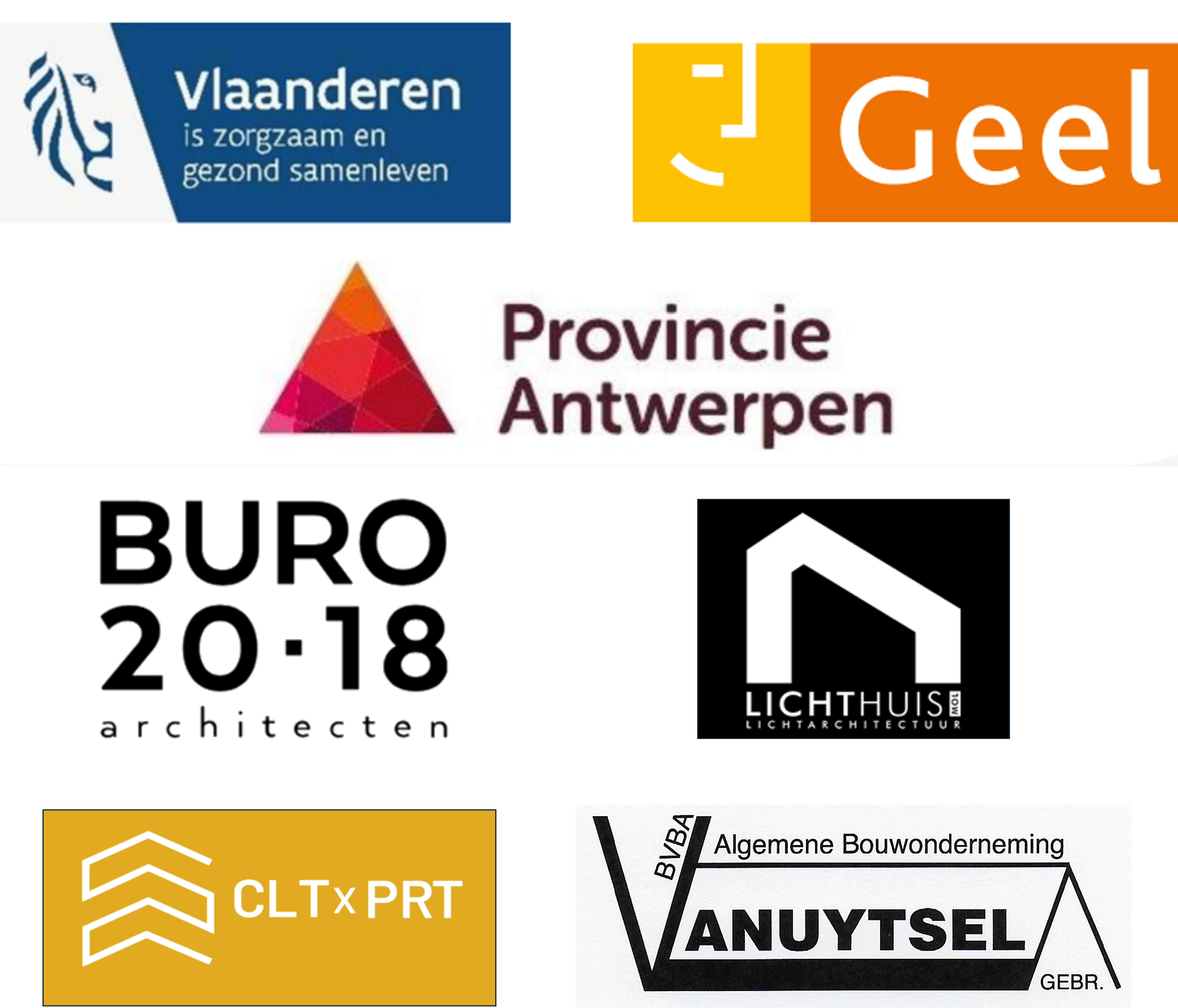 Logo's van de partners: Vlaanderen, Stad Geel, Provincie Antwerpen, Buro2018, Lichthuis, CLTxPRT en Gebr. Vanuytsel