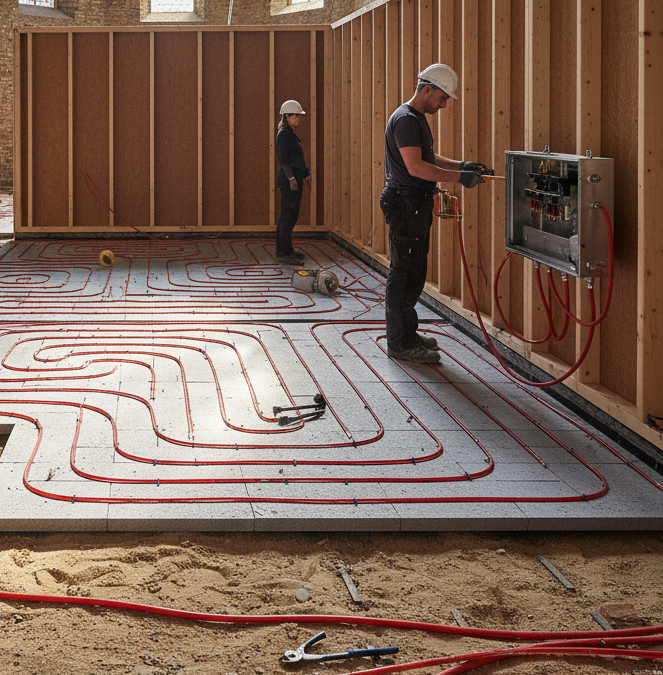 Aanleg van vloerverwarming in de houten box-in-box tijdens de bouw