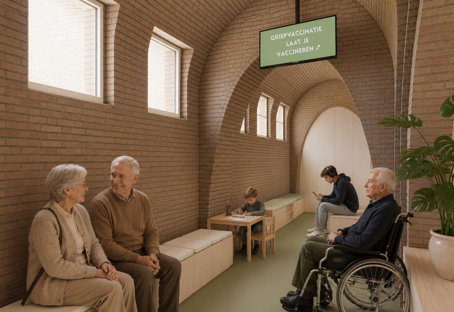 Wachtzaal onder de kerkgewelven met zitbanken en kinderhoek